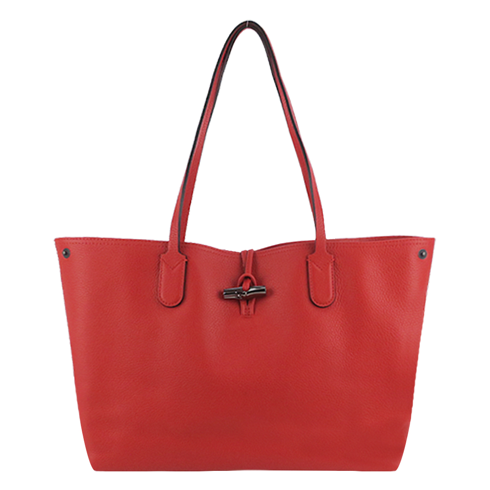 Longchamp ROSEAU系列皮革肩背包(大/紅)