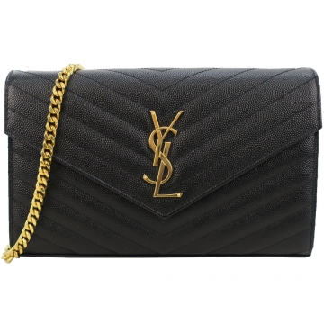 YSL MONOGRAM系列V字縫線魚子醬牛皮金屬LOGO金鍊斜肩/手拿包(黑)