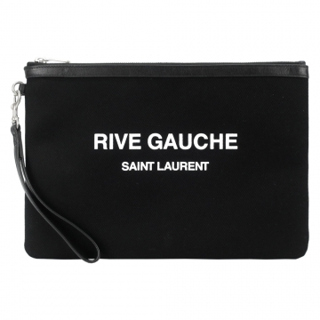 YSL 聖羅蘭 SAINT LAURENT 素面帆布壓印字母LOGO大手拿包(黑)