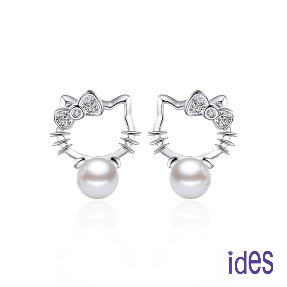 ides 愛蒂思 時尚淡水貝珠耳環/淘氣貓/白色6mm