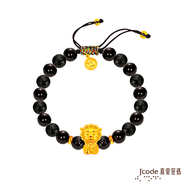 Jcode 真愛密碼 J’code真愛密碼 大甲媽平安鎮財公獅黃金/黑瑪瑙男手鍊-立體硬金款