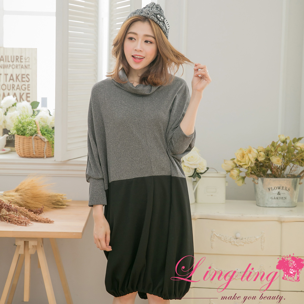LINGLING 中大尺碼 A3148-01 女裝 坑直紋撞色束口袖翻領洋裝(獨特灰黑)