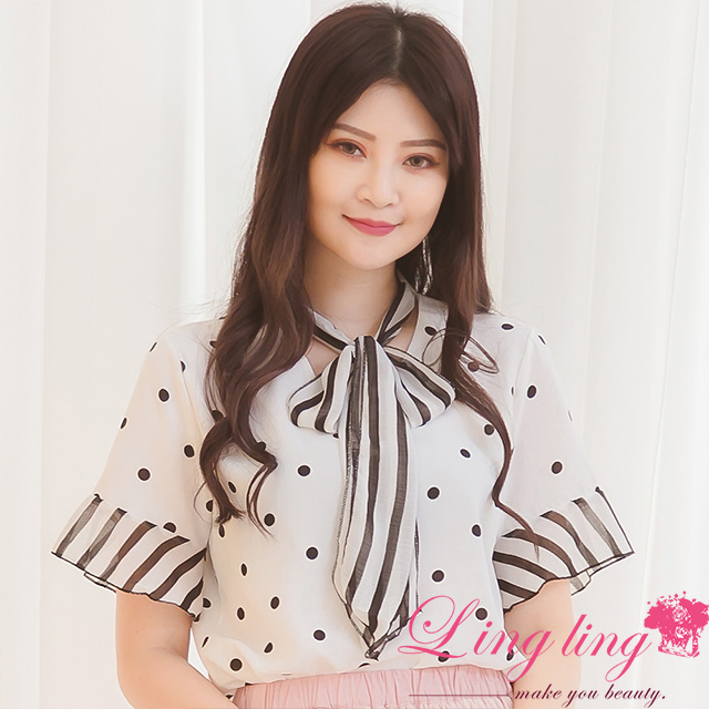 【lingling 】清新甜美領口綁結點點撞條紋襯衫上衣純靜白