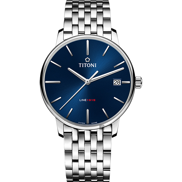 TITONI 梅花錶 LINE1919 百年紀念 T10 機械錶-藍x銀/40mm 83919 S-612