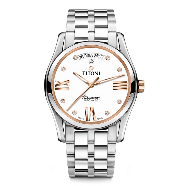 TITONI 梅花錶 【瑞士】 新空中霸王系列 玫瑰金/白/不鏽鋼鍊帶39mm(93808 SRG-616)