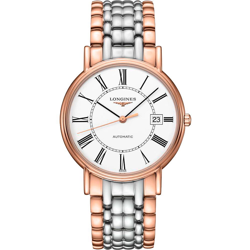 LONGINES 浪琴 Presence 經典羅馬機械錶-白x雙色/38.5mm L4.921.1.11.7