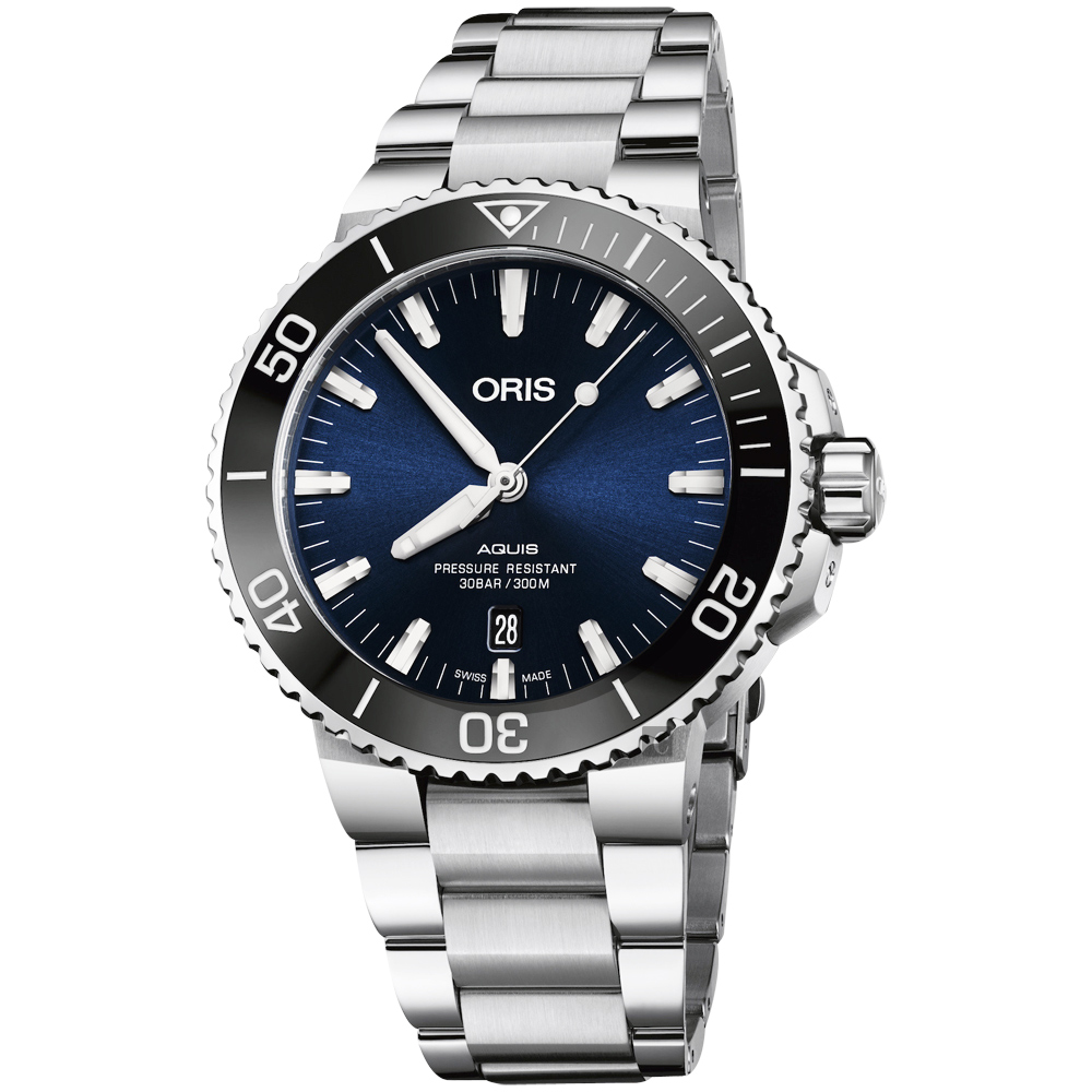 Oris豪利時 Aquis 時間之海潛水300米日期機械錶-藍x銀/43.5mm 0173377304135-0782405PEB