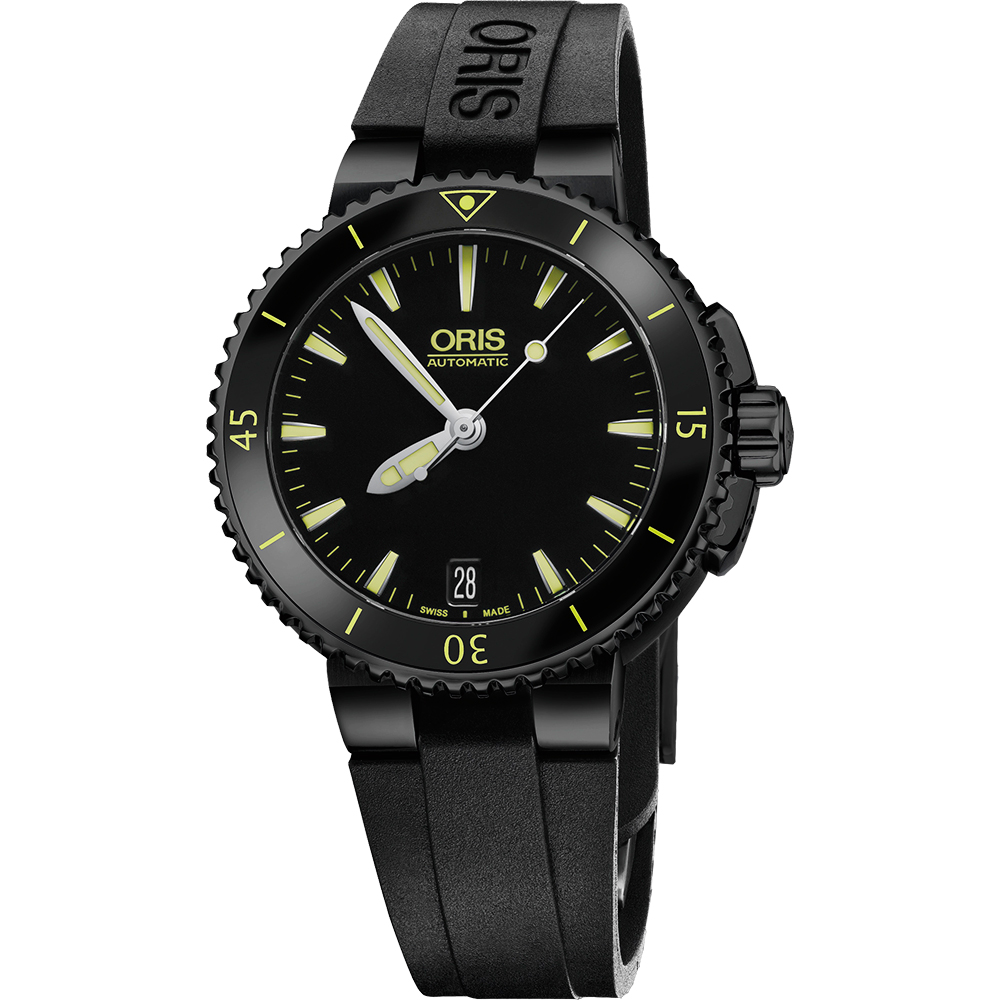 ORIS 豪利時 Aquis 時間之海中型潛水機械錶-鍍黑x黃/36mm 0173376524722-0741834B