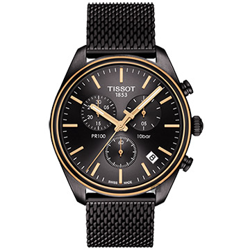 TISSOT 天梭 官方授權 PR100 經典米蘭帶計時手錶 百貨周年慶-鍍黑/41mm T1014172306100