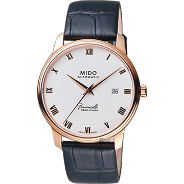 MIDO 美度 官方授權 Baroncelli III 羅馬機械錶 百貨周年慶-銀x玫塊金框x黑色錶帶/39mm M0274073601300