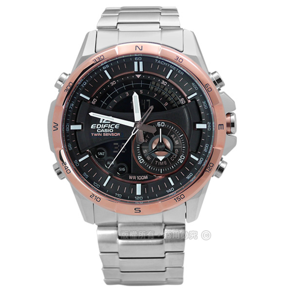CASIO 卡西歐 EDIFICE / ERA-200DB-1A9 / 英式紳士不鏽鋼腕錶 黑x玫瑰金框 46mm