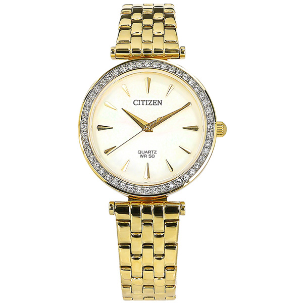 CITIZEN 星辰 / ER0212-50Y / 耀眼晶鑽 礦石強化玻璃 日本機芯 不鏽鋼手錶 銀白x鍍金 30mm