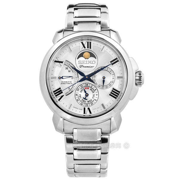 SEIKO 精工/  / Premier 人動電能月相錶藍寶石水晶玻璃不鏽鋼手錶銀白色42mm - PChome  24h購物
