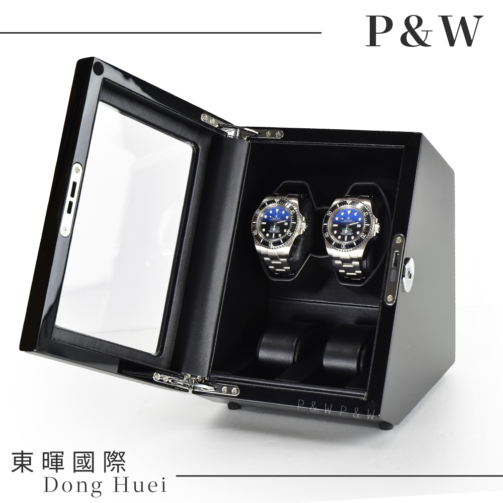 P&W 【手錶自動上鍊盒】【玻璃鏡面】2+2支裝 5種轉速設定 矽膠錶枕【鋼琴烤漆】 機械錶專用 搖錶器 錶盒