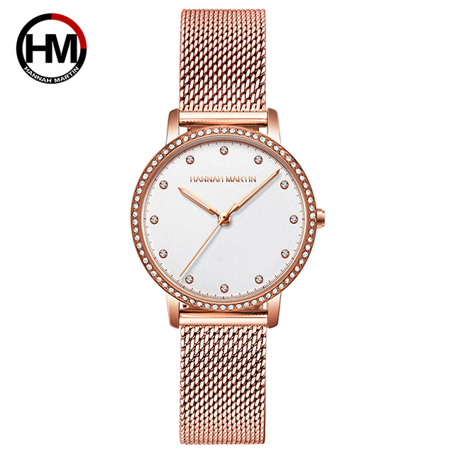 HANNAH MARTIN 2020新款輕奢ins-限量圓形防水錶-白 鑲鑽女錶(HM-107 WF1)*34mm