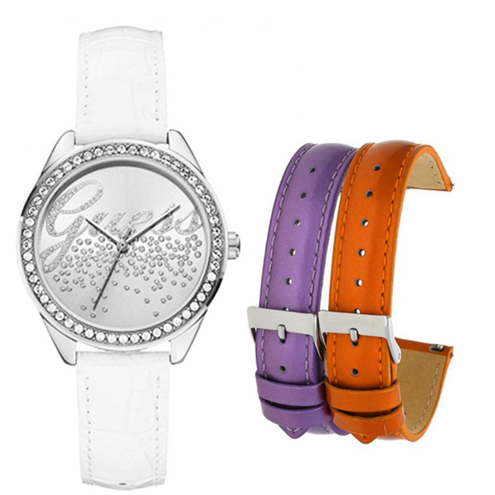 GUESS party女孩晶鑽時尚套錶組-銀面白-W0201L1