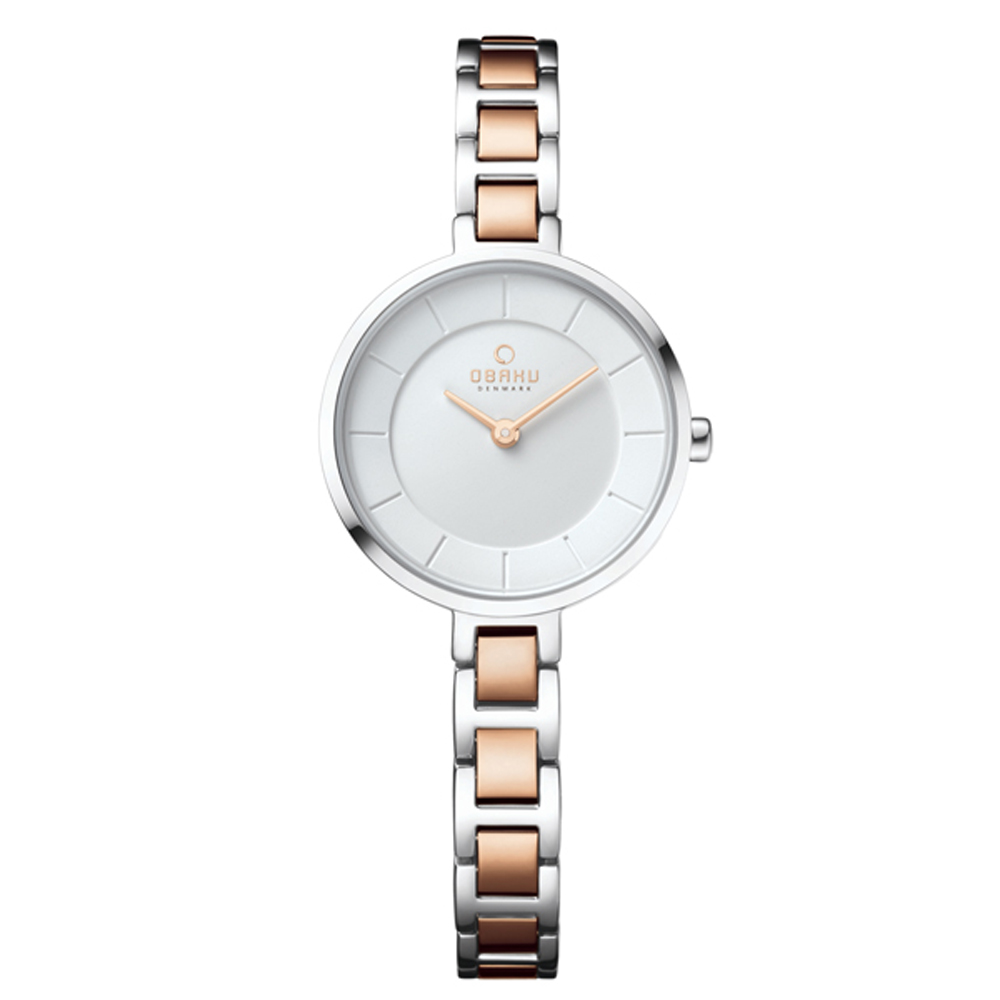 OBAKU 氣質雅致雙色時尚腕錶-白X玫瑰金