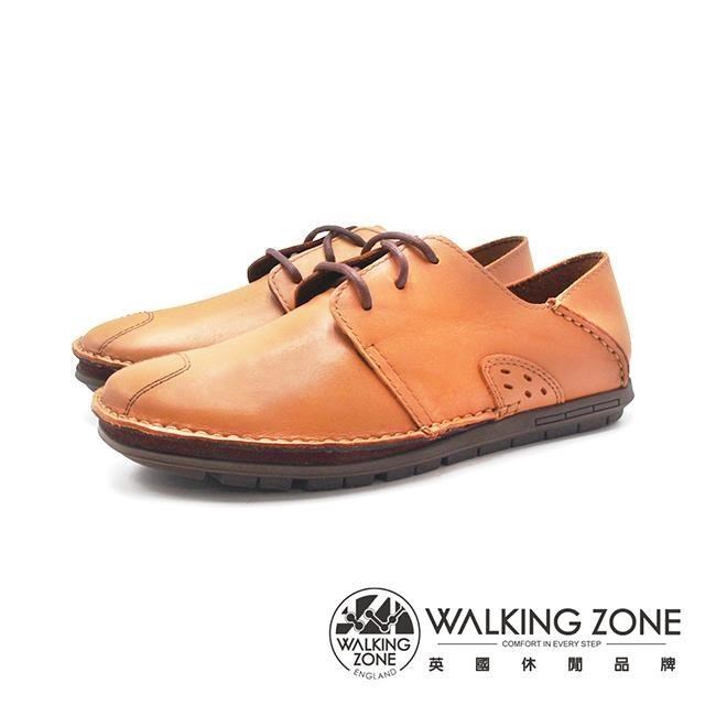 WALKING ZONE 真皮自然剪裁英倫皮革開車鞋綁帶-咖啡(另有黑/棕)