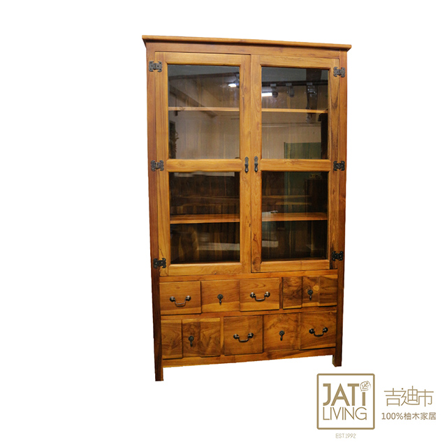 吉迪市柚木家具 【吉迪市100%全柚木家具】全柚木玻璃雙門高書櫃 收納櫃 置物櫃 展示櫃 ETBC007