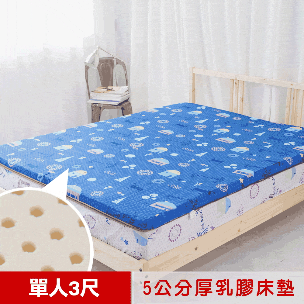 mimo 米夢 【家居】 夢想家園-冬夏兩用純棉+紙纖蓆面-馬來西亞進口100%天然乳膠床墊5公分厚-單人3尺(深夢藍)