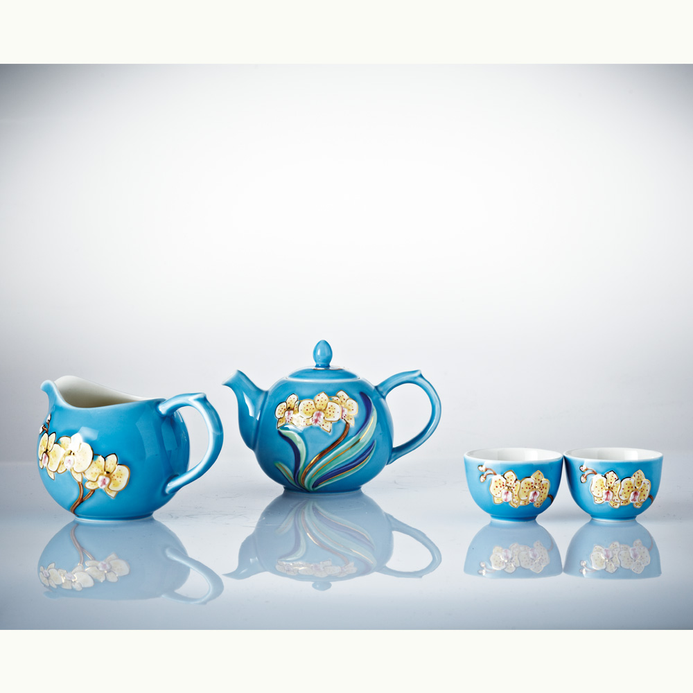 ACERA 乾唐軒《活瓷》蝴蝶蘭花茶具組/ 海碧彩金/ 一壺+六杯+茶海