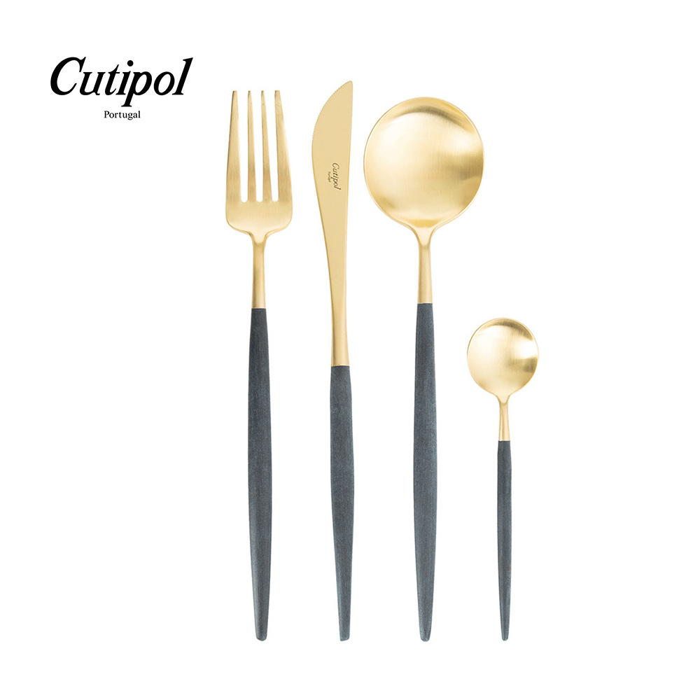 Cutipol 限量新品組合甜心價葡萄牙-GOA系列藍金霧面不銹鋼21.5cm主餐刀/叉/匙/12cm咖啡匙-4件組