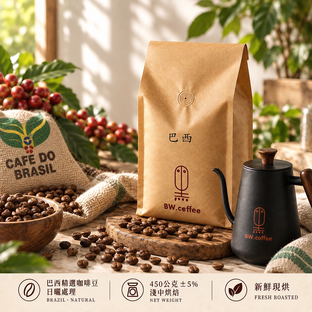 黑開水 巴西咖啡豆1磅(450克)(淺中)