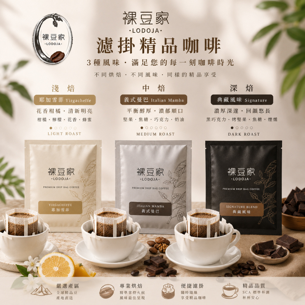 LODOJA 裸豆家 淺中深培精品單品濾掛研磨咖啡組合24入(3種風味)