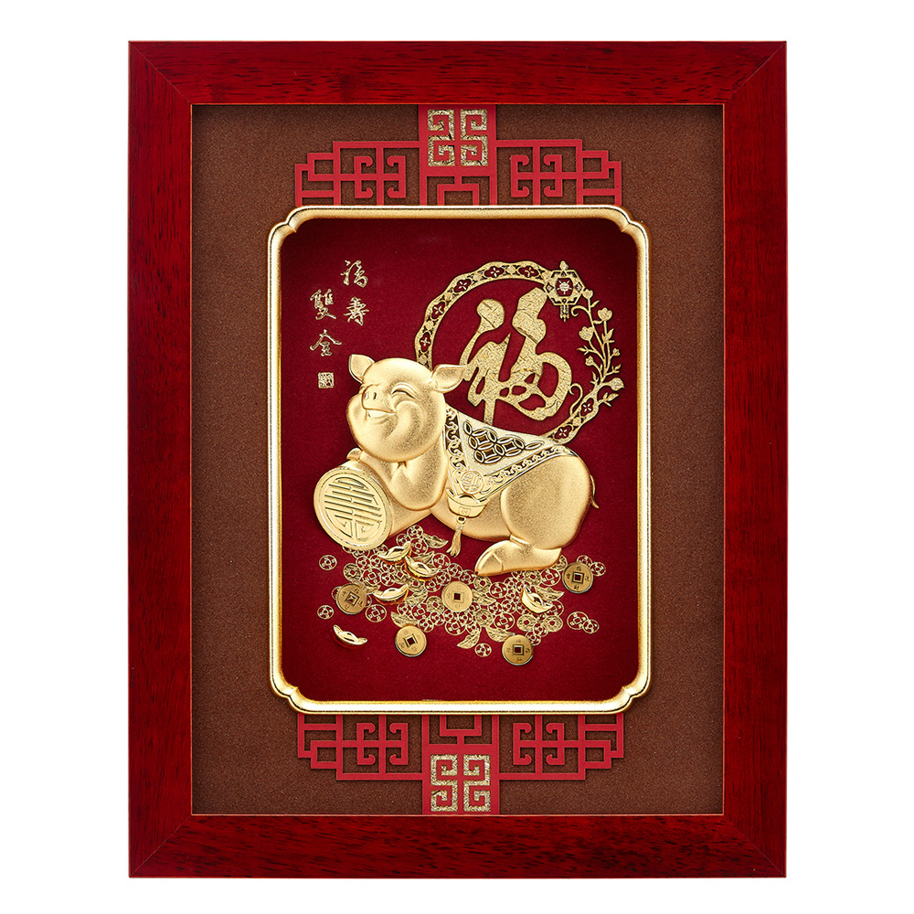 開運陶源 純金豬 金箔畫系列~【福壽雙全】....26 x33 cm