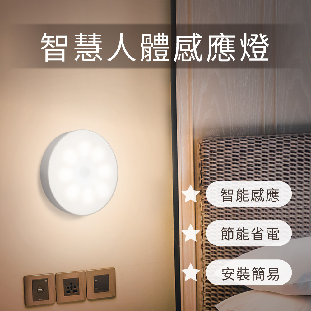 【橘能生活美學】智慧人體感應燈 USB充電式 附磁鐵貼片 人體紅外線感應 小夜燈 床頭燈 走道燈