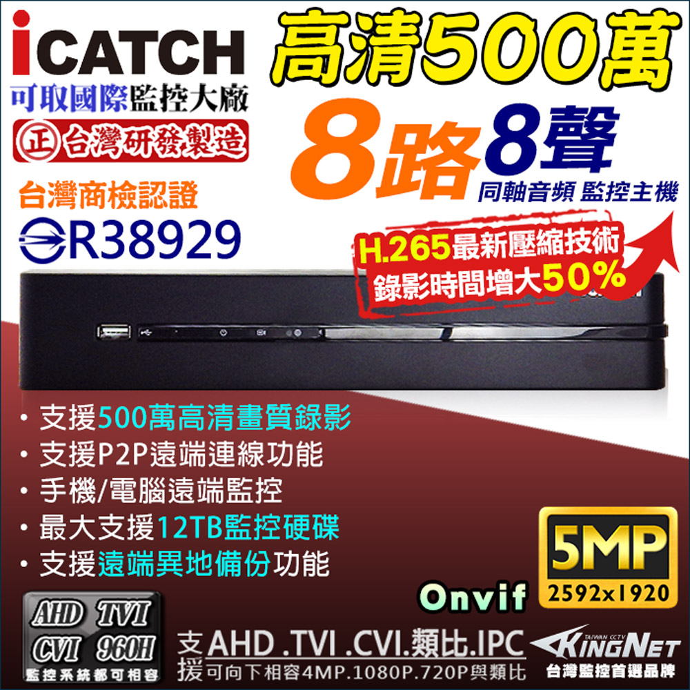 KingNet 帝網 KMQ-0828 可取 ICATE 8路監控主機 台灣製造 500萬主機 5合1 混合型 1920P H.265 監視器 DVR