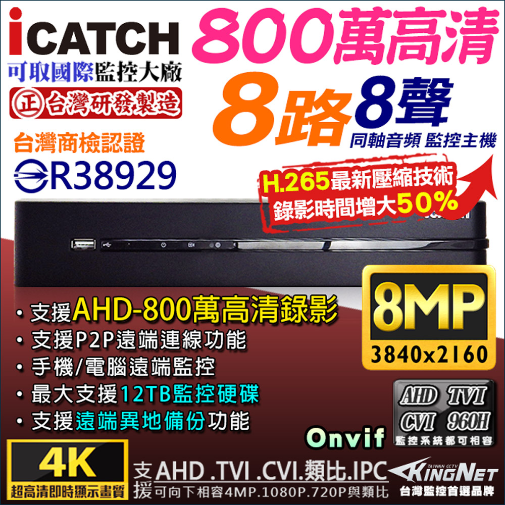 台灣大廠 800萬 8路監控主機DVR