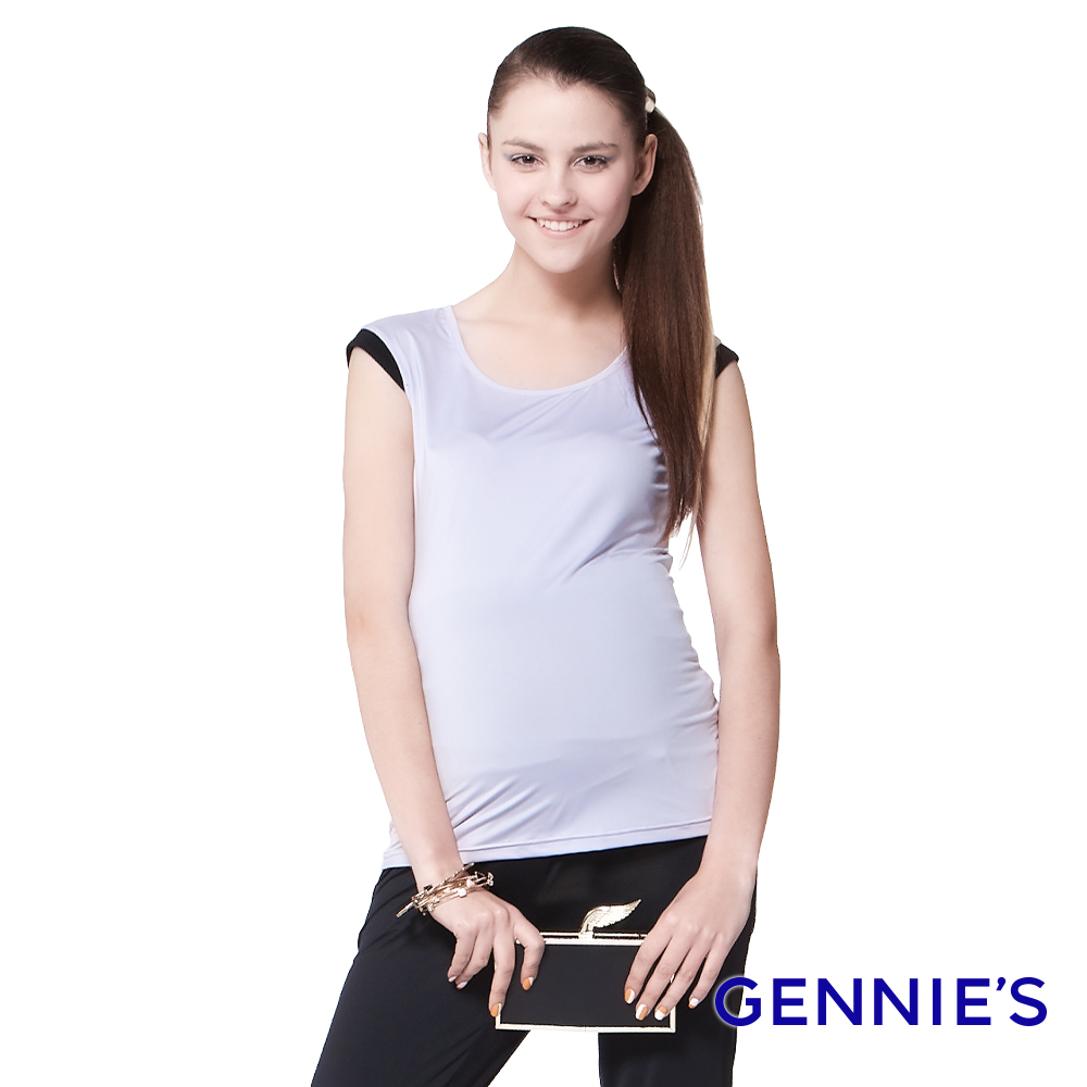 Gennies 奇妮 ICEcool沁涼雙色拼接涼感上衣-紫(孕婦裝 圓領 短袖 涼感紗)