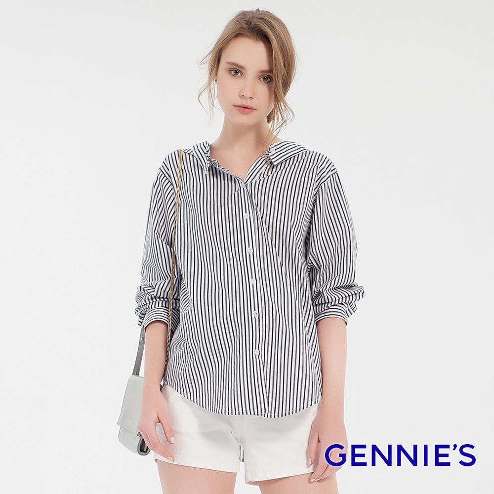 Gennies 奇妮 兩穿式直條抓皺排釦襯衫(深藍條紋)