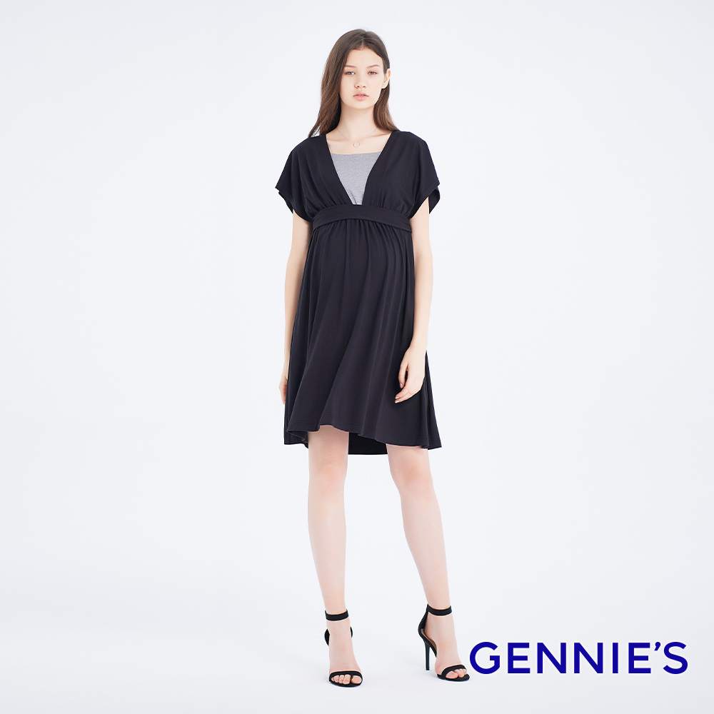 Gennies 奇妮 大V領哺乳洋裝(黑)
