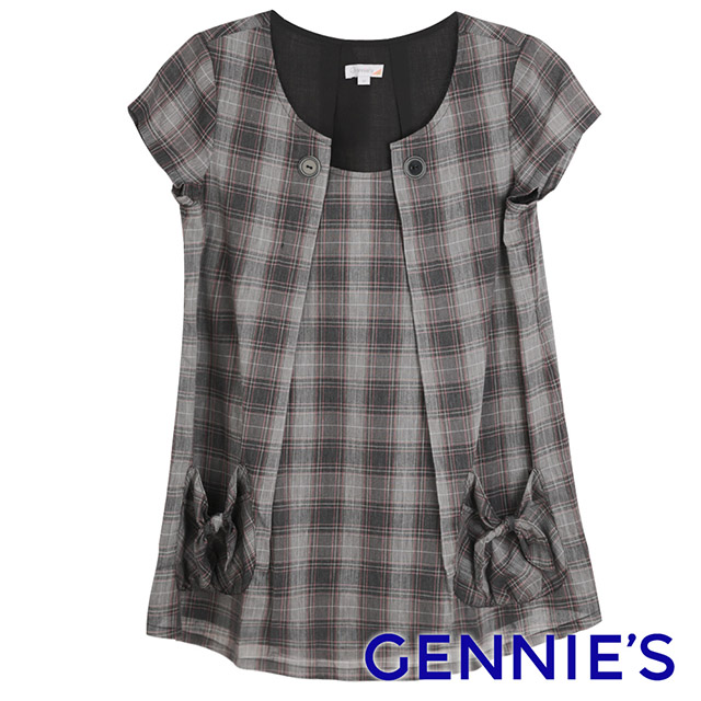 Gennies 奇妮 造型領經經典格紋上衣(深灰格)