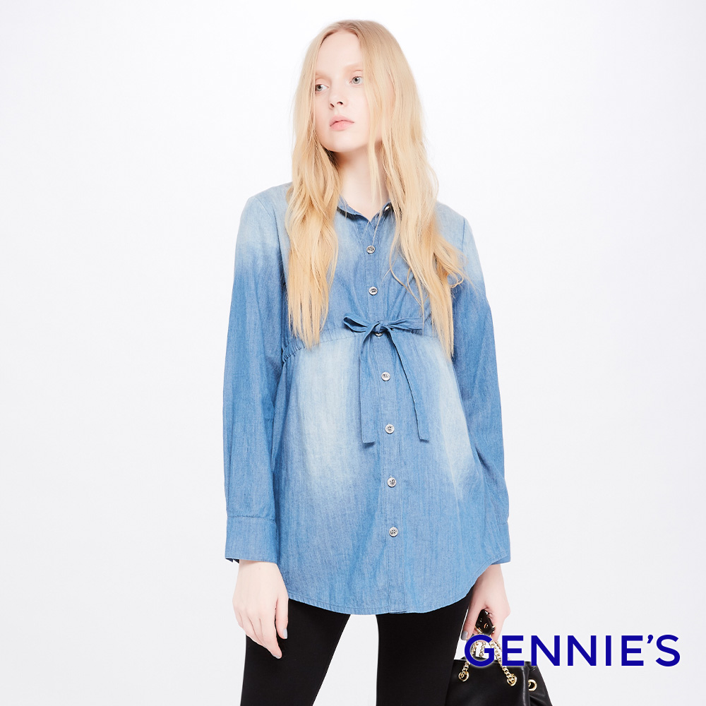Gennies 奇妮 復古刷色開襟牛仔綁帶上衣(藍)