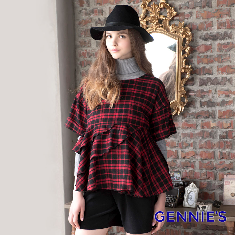 Gennies 奇妮 經典格紋荷葉邊拼接上衣(紅黑格)