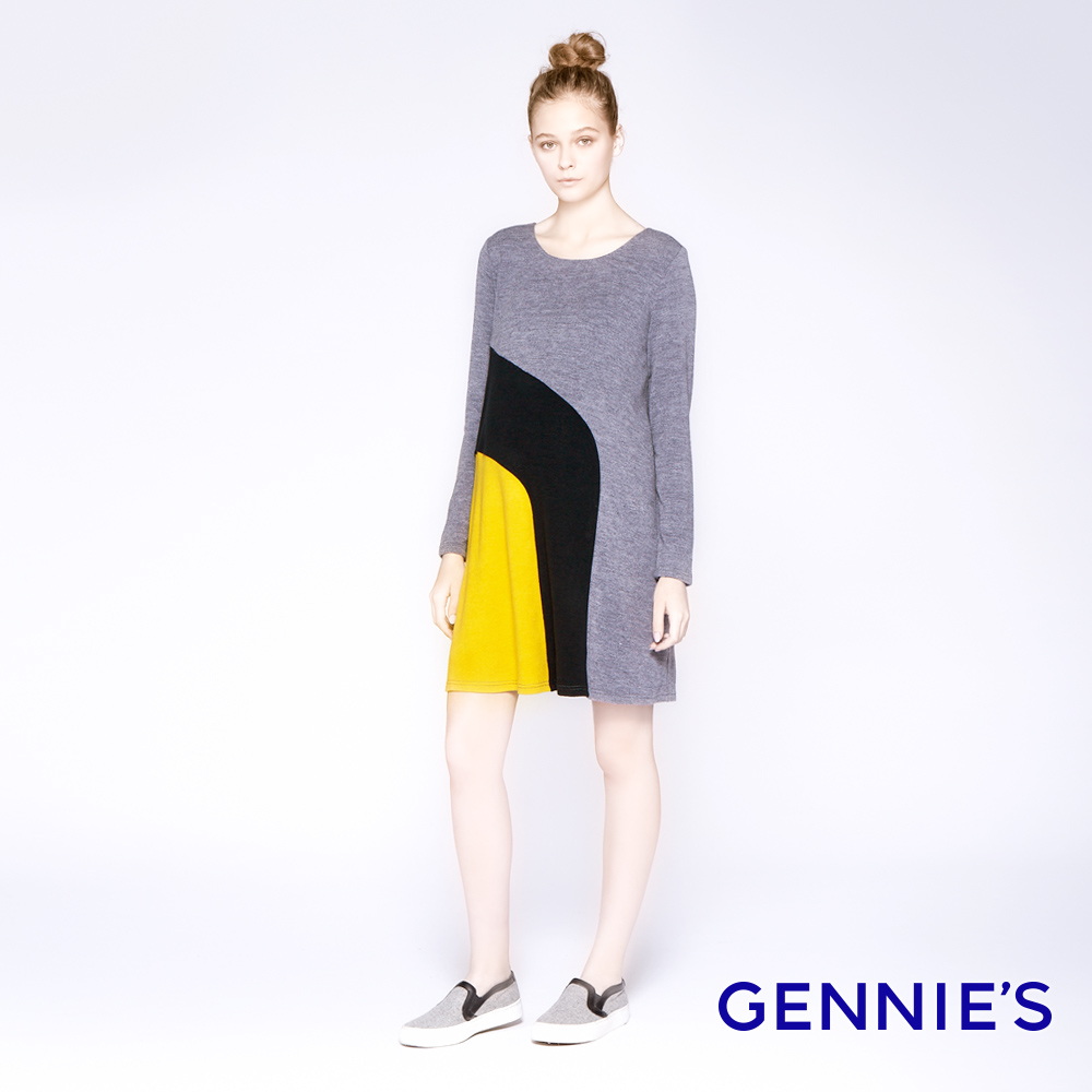 Gennies 奇妮 拼接造型休閒洋裝(灰黑黃)