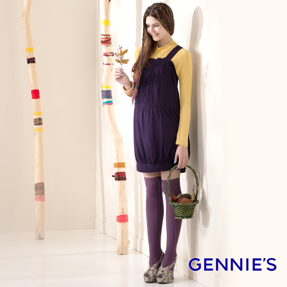 Gennies 奇妮 可愛小花苞褶飾綁帶背心洋裝(紫)
