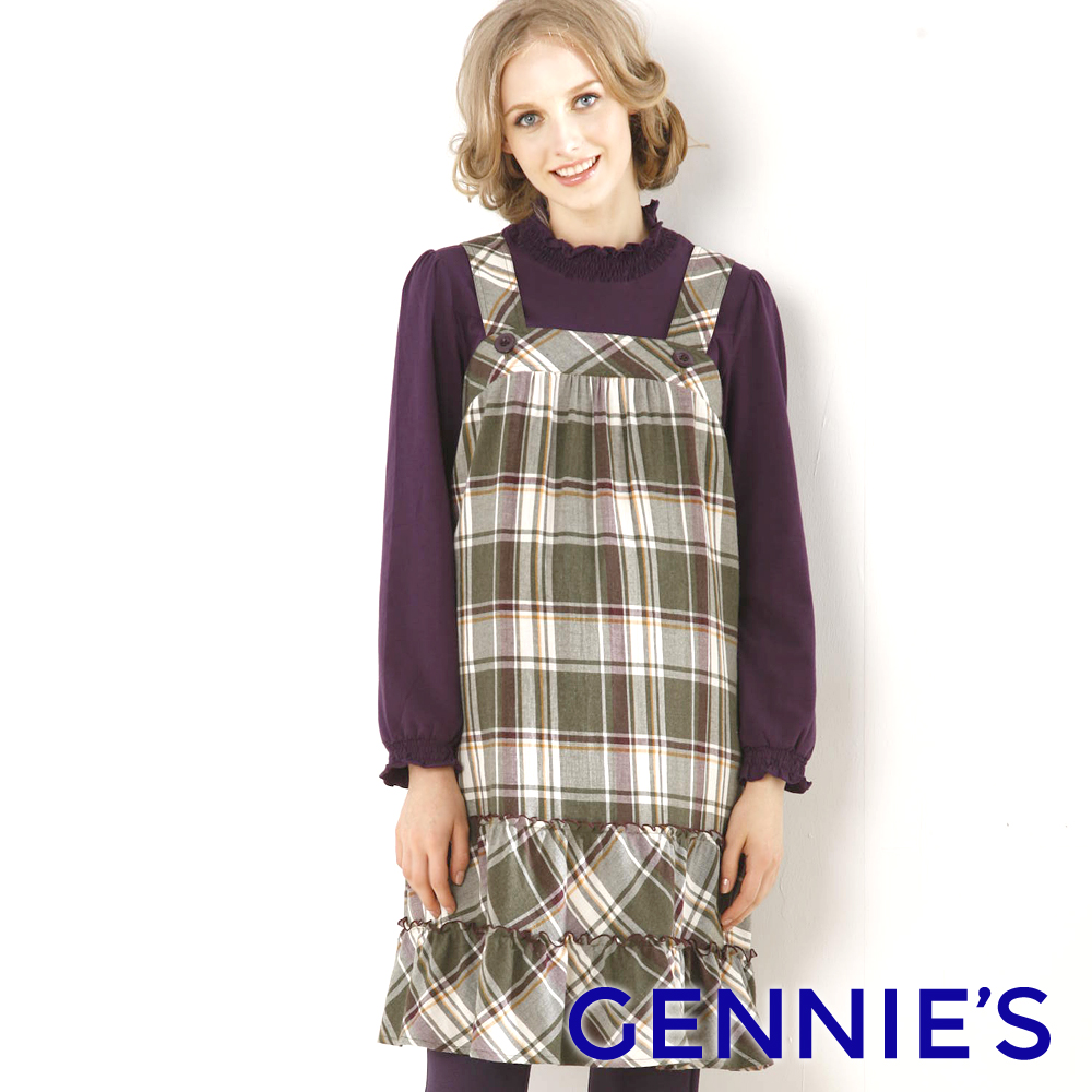 Gennies 奇妮 經典格紋吊帶平口背心洋裝(綠格)