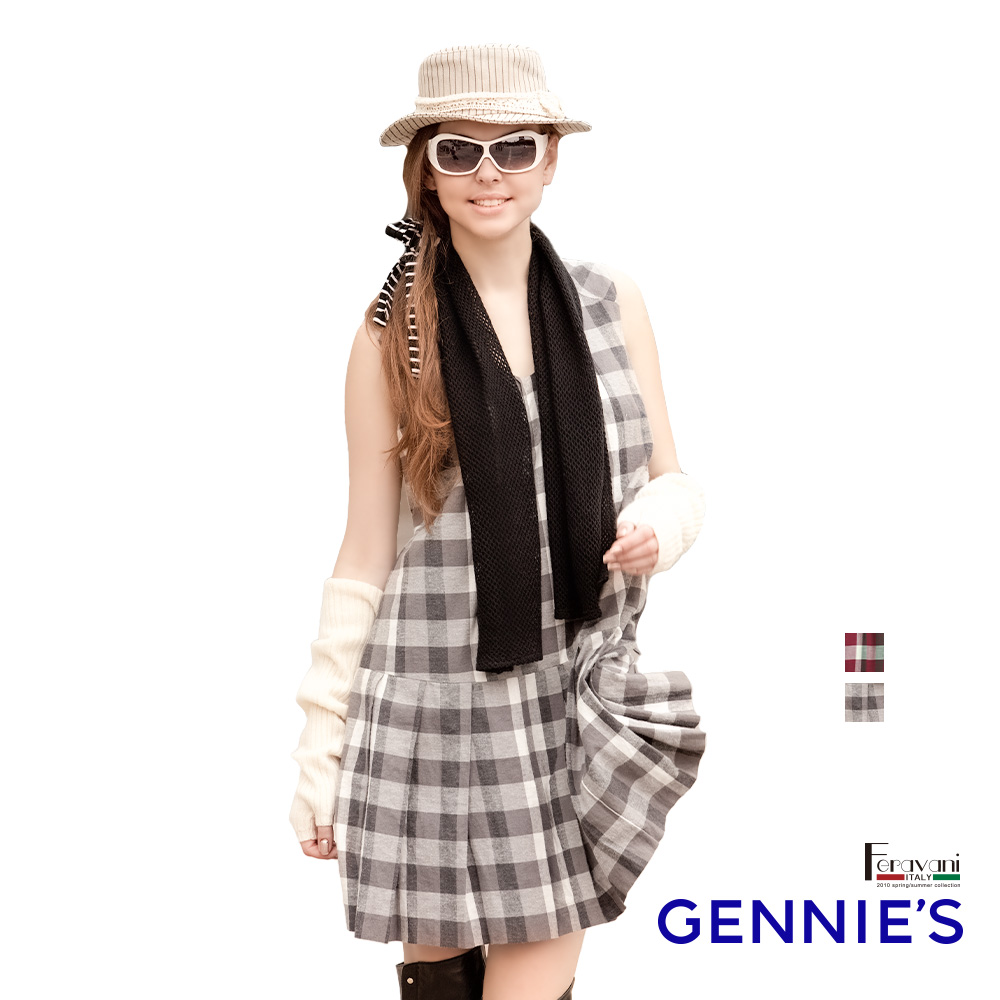 Gennies 奇妮 簡約格紋V領無袖洋裝(紅/黑)