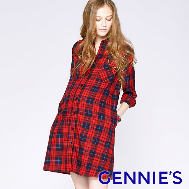 Gennies 奇妮 經典格紋長版襯衫洋裝(紅藍格)