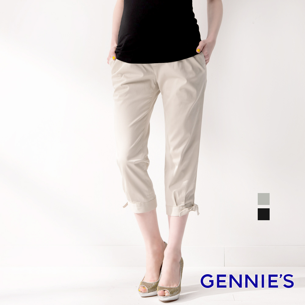 Gennies 奇妮 知性優雅蝴蝶結綁帶造型七分褲(黑/淺卡)