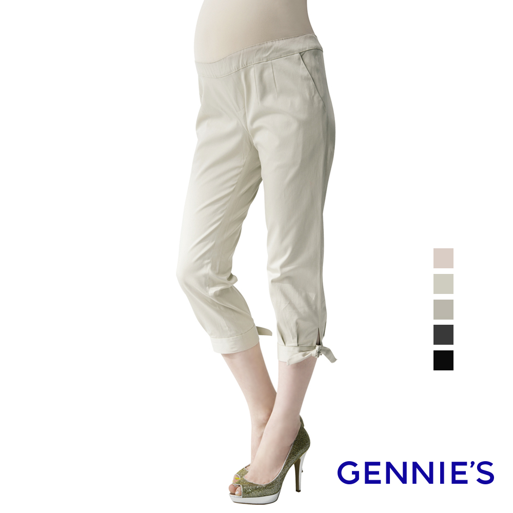 Gennies 奇妮 蝴蝶結綁帶造型七分褲(淺卡/卡其/卡卡/黑灰/黑)