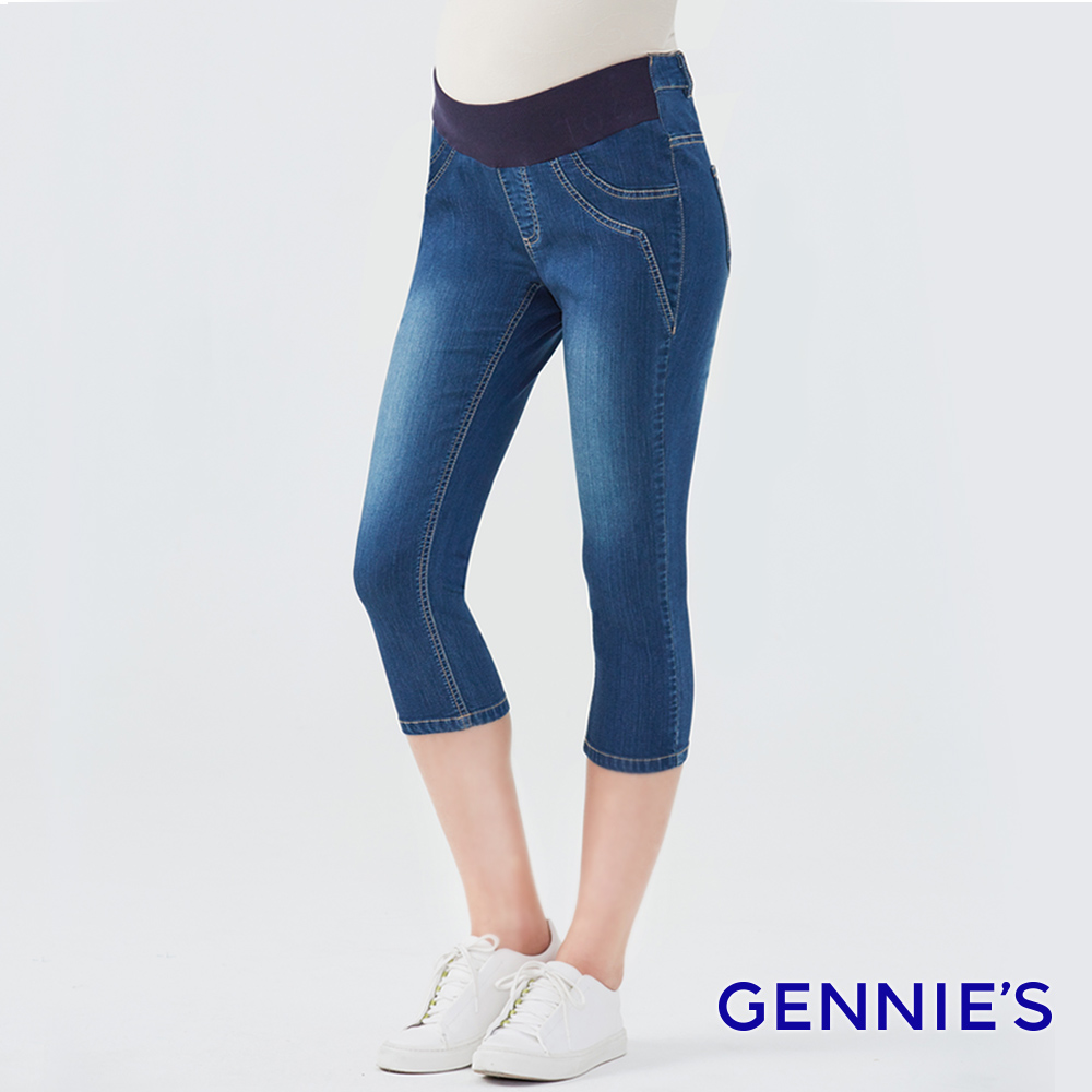 Gennies 奇妮 率性休閒彈性牛仔七分褲(藍)