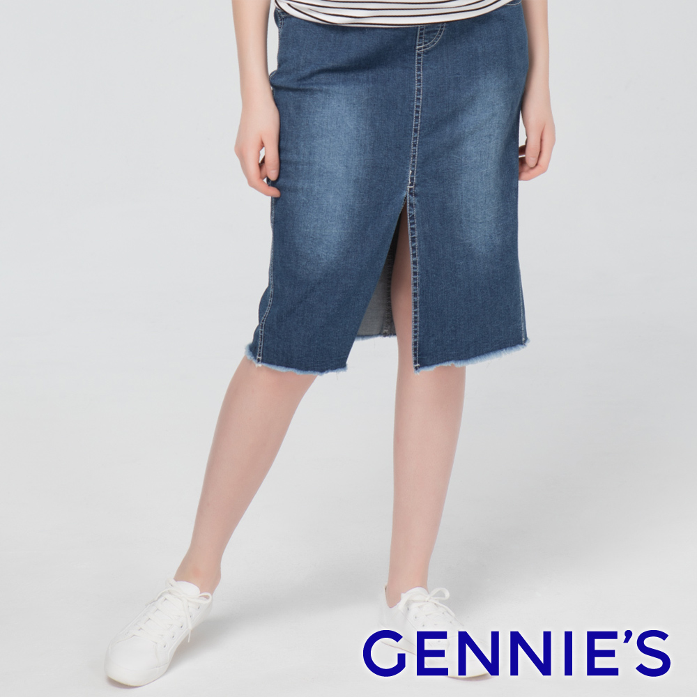 Gennies 奇妮 彈力開衩孕婦牛仔裙(藍)