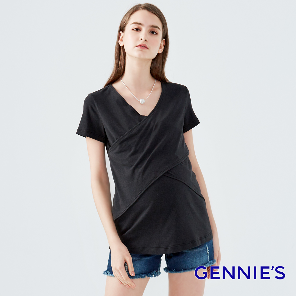 Gennies 奇妮 垂墜風短袖假兩件上衣-黑