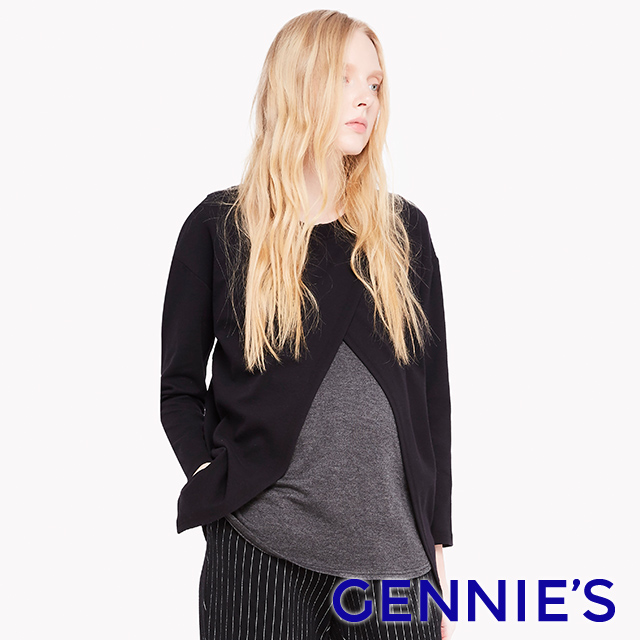 Gennies 奇妮 顯瘦交叉簡約造型哺乳上衣(黑)