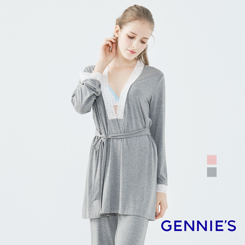 Gennies 奇妮 優雅蕾絲綁帶罩衫 居家服外套(粉/深灰)